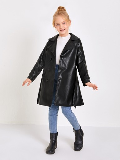 Girls Notch Collar Double Button PU Leather Coat