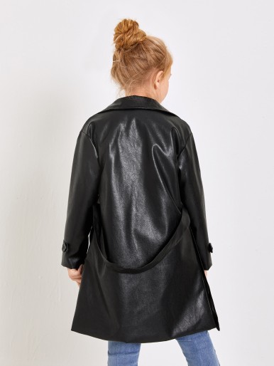 Girls Notch Collar Double Button PU Leather Coat