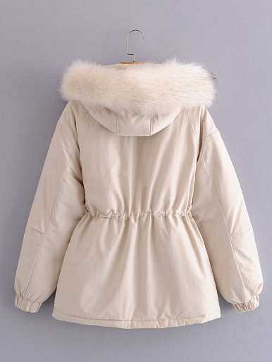 Solid Popper Button Hooded Parka Coat