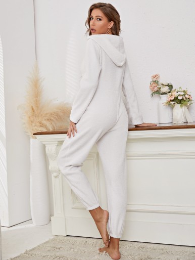 Zip Up Hooded Teddy Lounge Jumpsuit