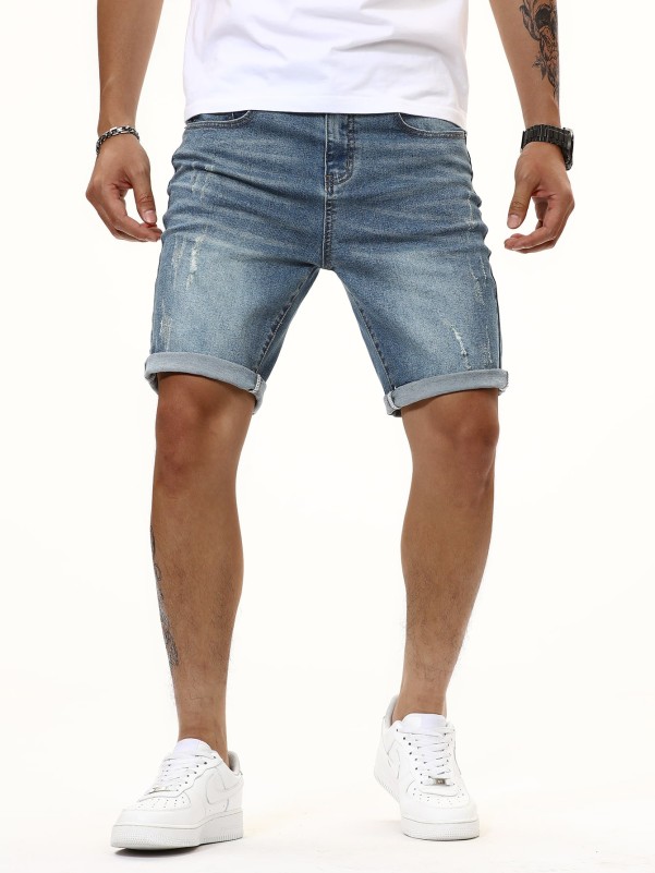 Men Cat Whiskers Washed Denim Shorts