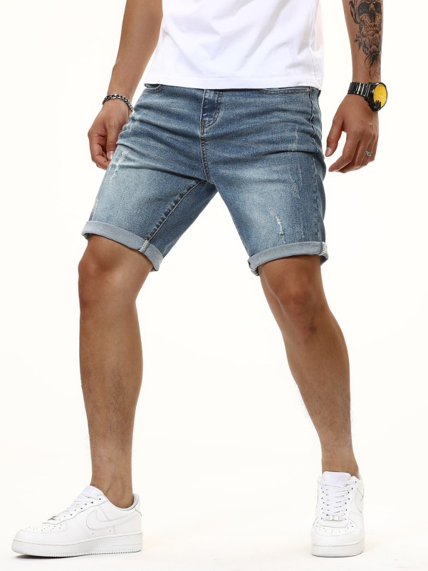 Men Cat Whiskers Washed Denim Shorts