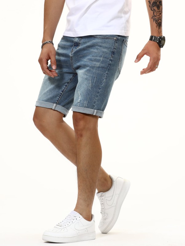 Men Cat Whiskers Washed Denim Shorts