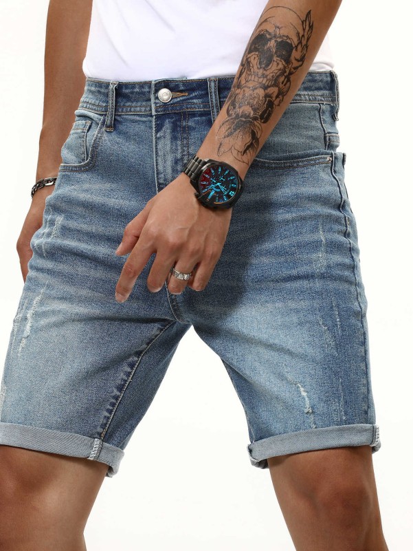 Men Cat Whiskers Washed Denim Shorts