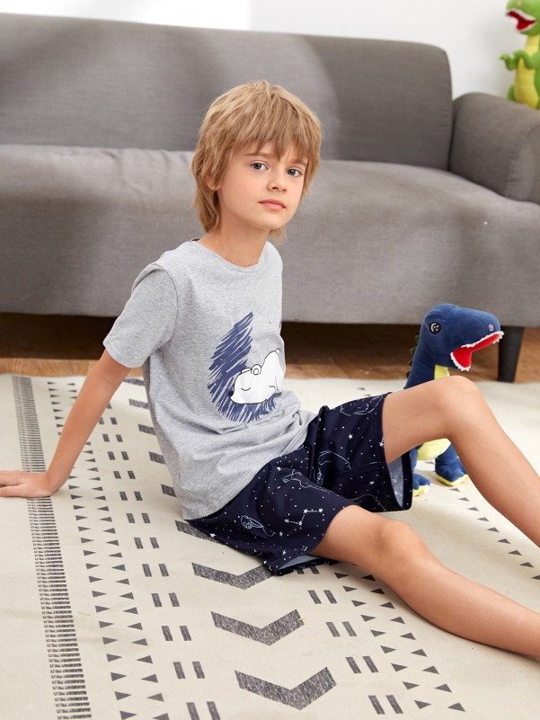 Boys Cartoon Graphic Top & Galaxy Shorts PJ Set