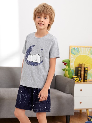 Boys Cartoon Graphic Top & Galaxy Shorts PJ Set