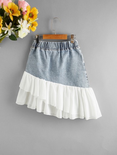 Girls Tiered Layer Asymmetrical Denim Skirt