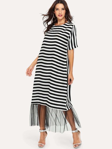 Contrast Stripe Mesh Hem Dress