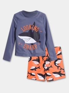 Boys Shark & Letter Print Two Piece Swimsuit