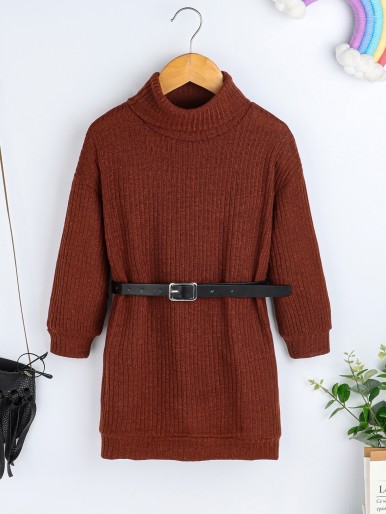 Toddler Girls Turtleneck Drop Shoulder Sweatshirt Dress With Belt