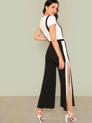 Contrast Tape High Slit Side Pant With Strap