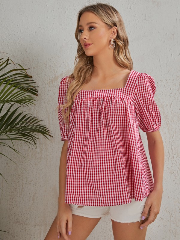 Maternity Puff Sleeve Gingham Top