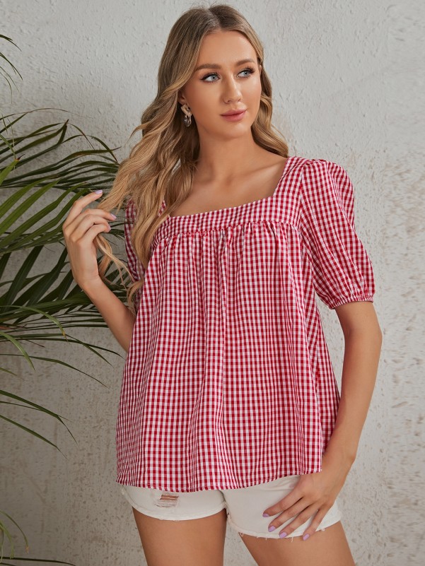 Maternity Puff Sleeve Gingham Top