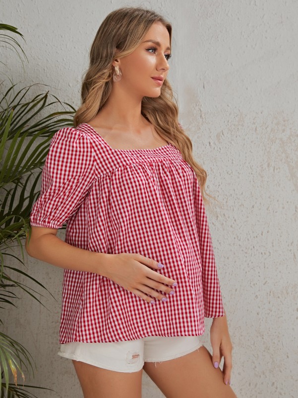 Maternity Puff Sleeve Gingham Top