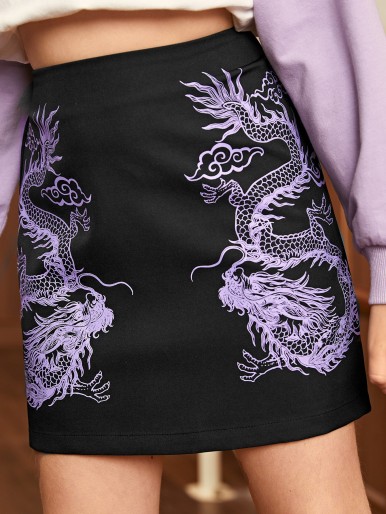 Girls Chinese Dragon Print Skirt