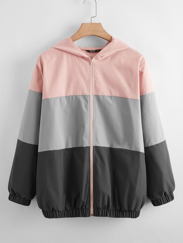 Plus Colorblock Zip Up Hooded Sports Jacket