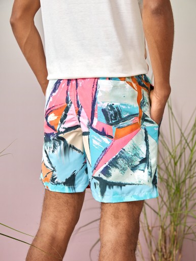 1pc Graphic Print Drawstring Swim Trunks