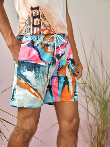 1pc Graphic Print Drawstring Swim Trunks