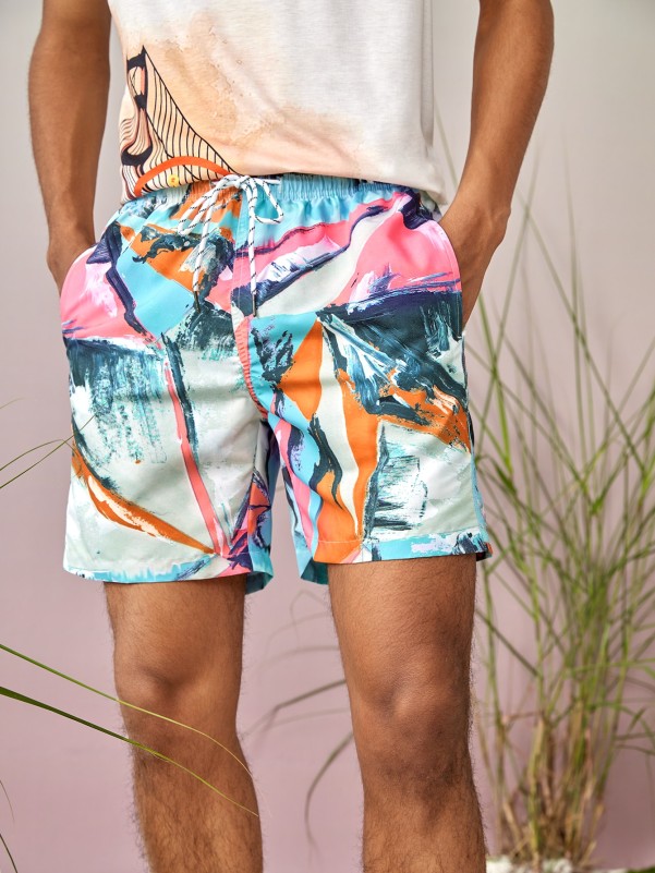 1pc Graphic Print Drawstring Swim Trunks