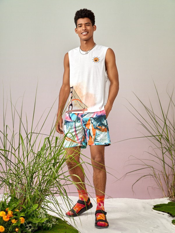 1pc Graphic Print Drawstring Swim Trunks