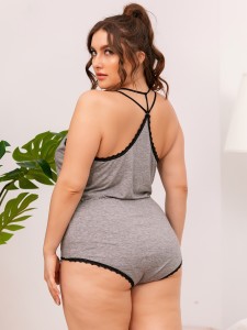 Plus Contrast Lace Strappy Back Sleep Romper