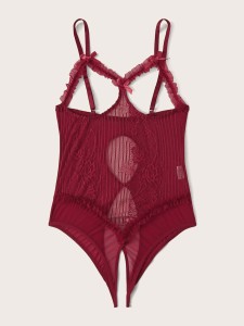 Contrast Lace Sheer Mesh Crotchless Teddy Bodysuit