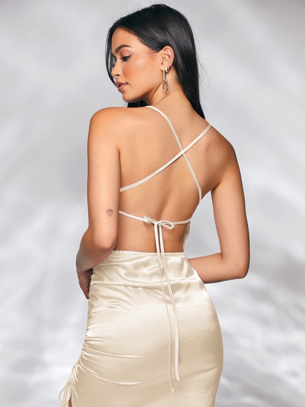 Lace Up Backless Split Thigh Satin Cami Dress