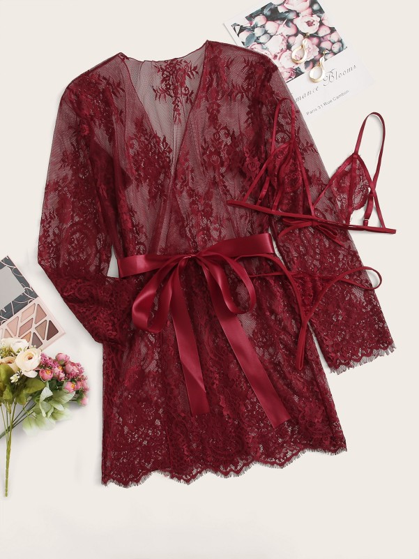 Plus Floral Lace Lingerie Set With Belted Robe