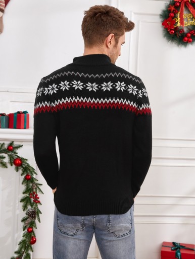 Men Christmas Geo Pattern Half Zip Sweater