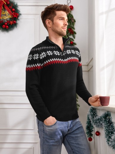 Men Christmas Geo Pattern Half Zip Sweater