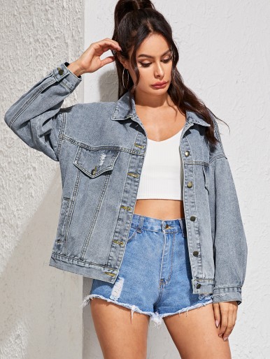 Ripped Button Front Denim Jacket