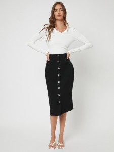 Button Up Pencil Denim Skirt