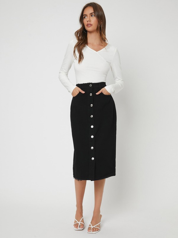 Button Up Pencil Denim Skirt