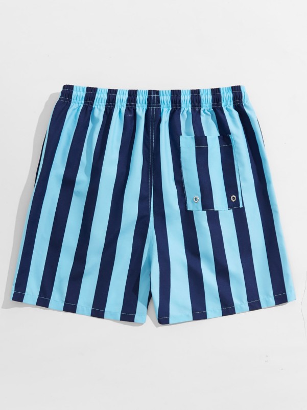 Men Striped Drawstring Waist Swim Trunks