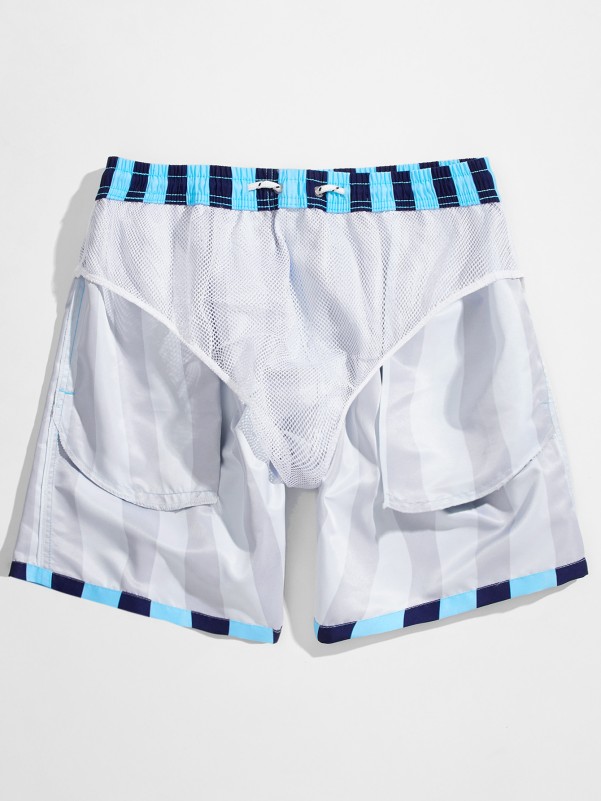 Men Striped Drawstring Waist Swim Trunks