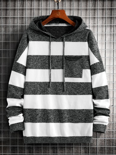 Men Marled Knit Two Tone Drawstring Hooded Sweater