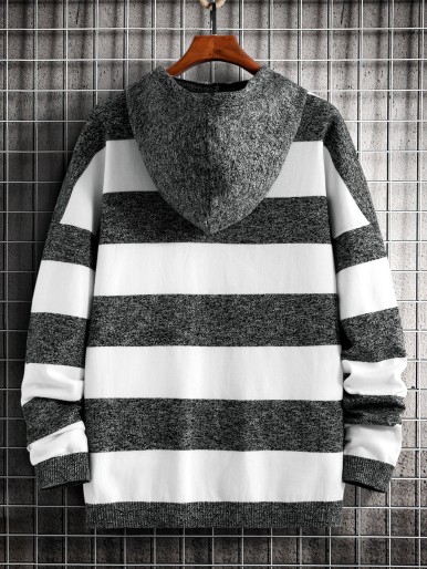 Men Marled Knit Two Tone Drawstring Hooded Sweater