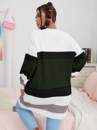 Plus Color Block Drop Shoulder Cardigan