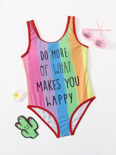 Girls Colorblock Slogan Graphic One Piece Swimsuit