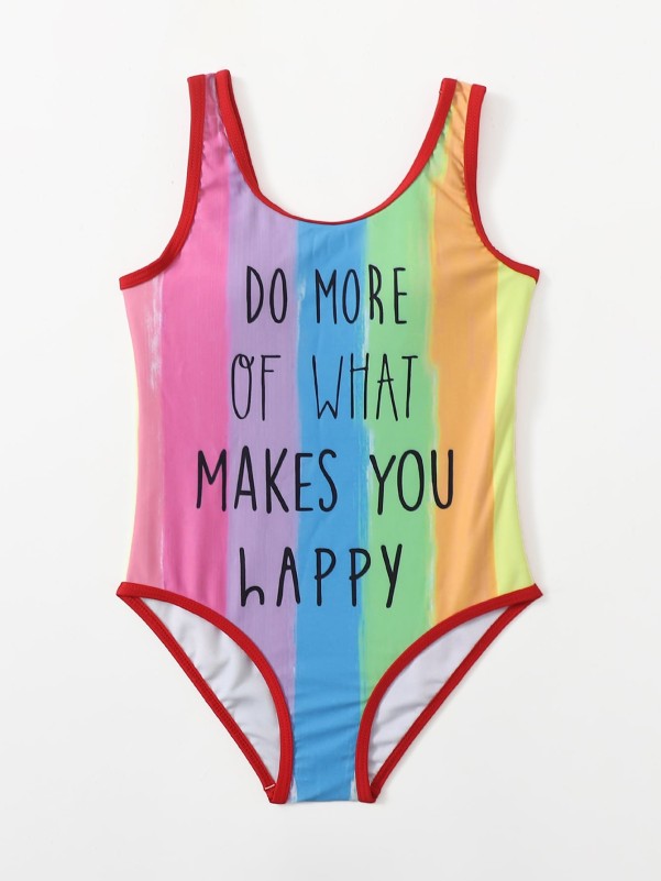 Girls Colorblock Slogan Graphic One Piece Swimsuit