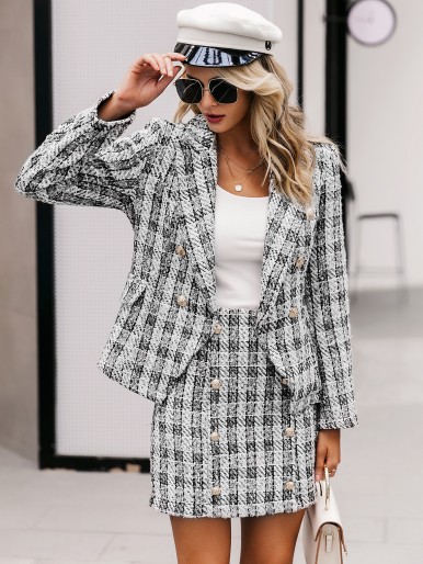 Double Breasted Plaid Tweed Blazer