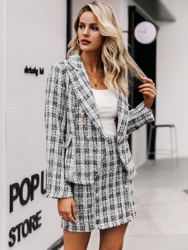 Double Breasted Plaid Tweed Blazer