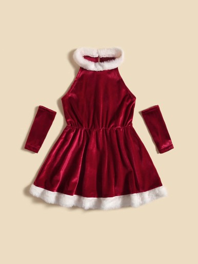 فستان حفلات عيد الميلاد المخملي للفتيات الصغيرات قطعة واحدة بأكمام طويلة
