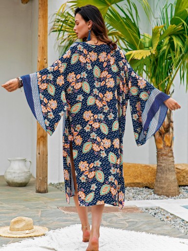 Open Front Slit Hem Floral & Geo Print Kimono