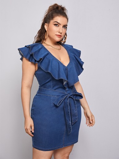 Plus Exaggerated Ruffle Tie Front Denim Dress