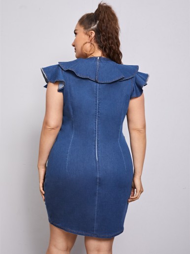 Plus Exaggerated Ruffle Tie Front Denim Dress