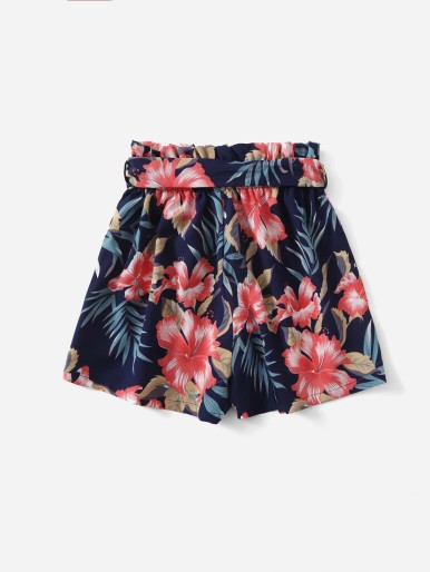 Girls Tropical Print Paperbag Waist Belted Shorts