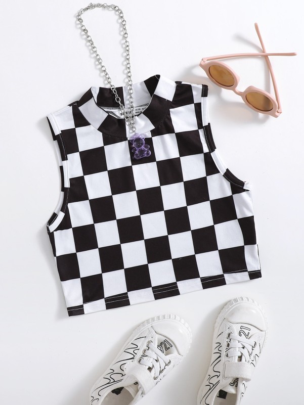 Girls Mock Neck Checked Tank Top