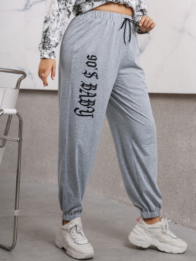 Plus Letter Graphic Drawstring Waist Sweatpants