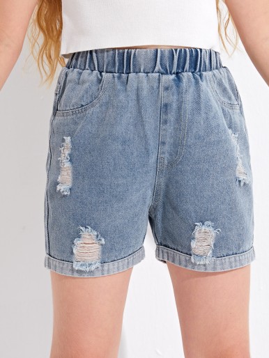 Girls Ripped Straight Leg Denim Shorts